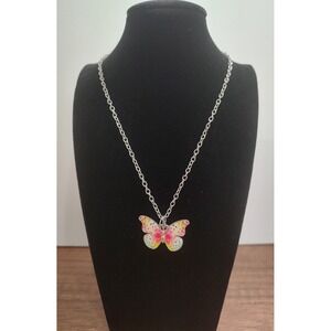 Butterfly Pendant Necklace Pink Yellow Beige 'Thinking Of You' Dedication J45